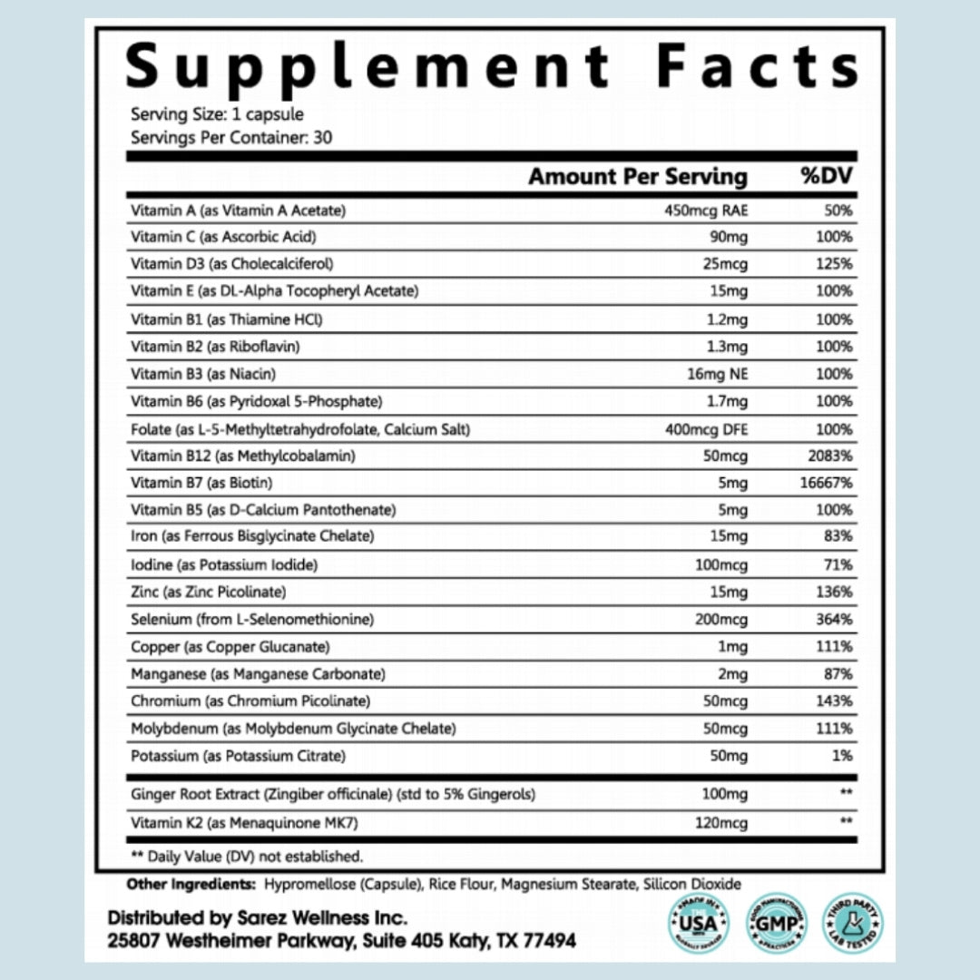 GLP-1 Support Capsules - Methylated Vitamins & Chelated Minerals - Energy, Metabolism, Digeston, Hair & Daily Nutrient Support - With Ginger for Nausea - Gentle on Stomach — 30 Day Supply