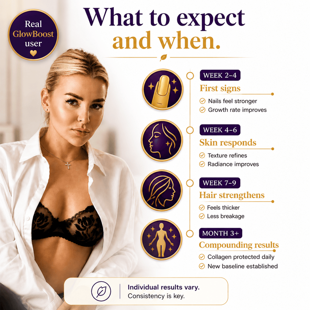 Woman wearing a white shirt and black lace bra with glow boost product information graphic on a white background
