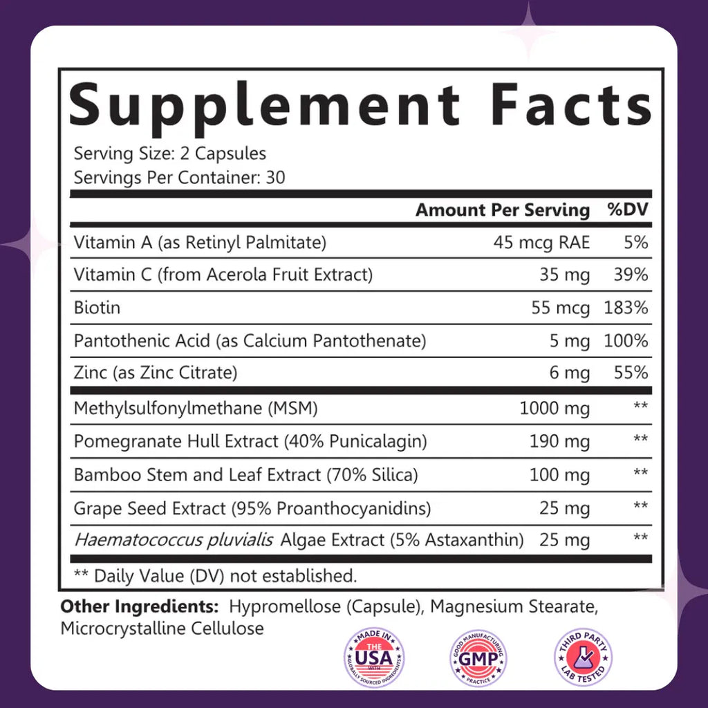 Supplement facts label of glow boost with various nutrients and their amounts on a purple background