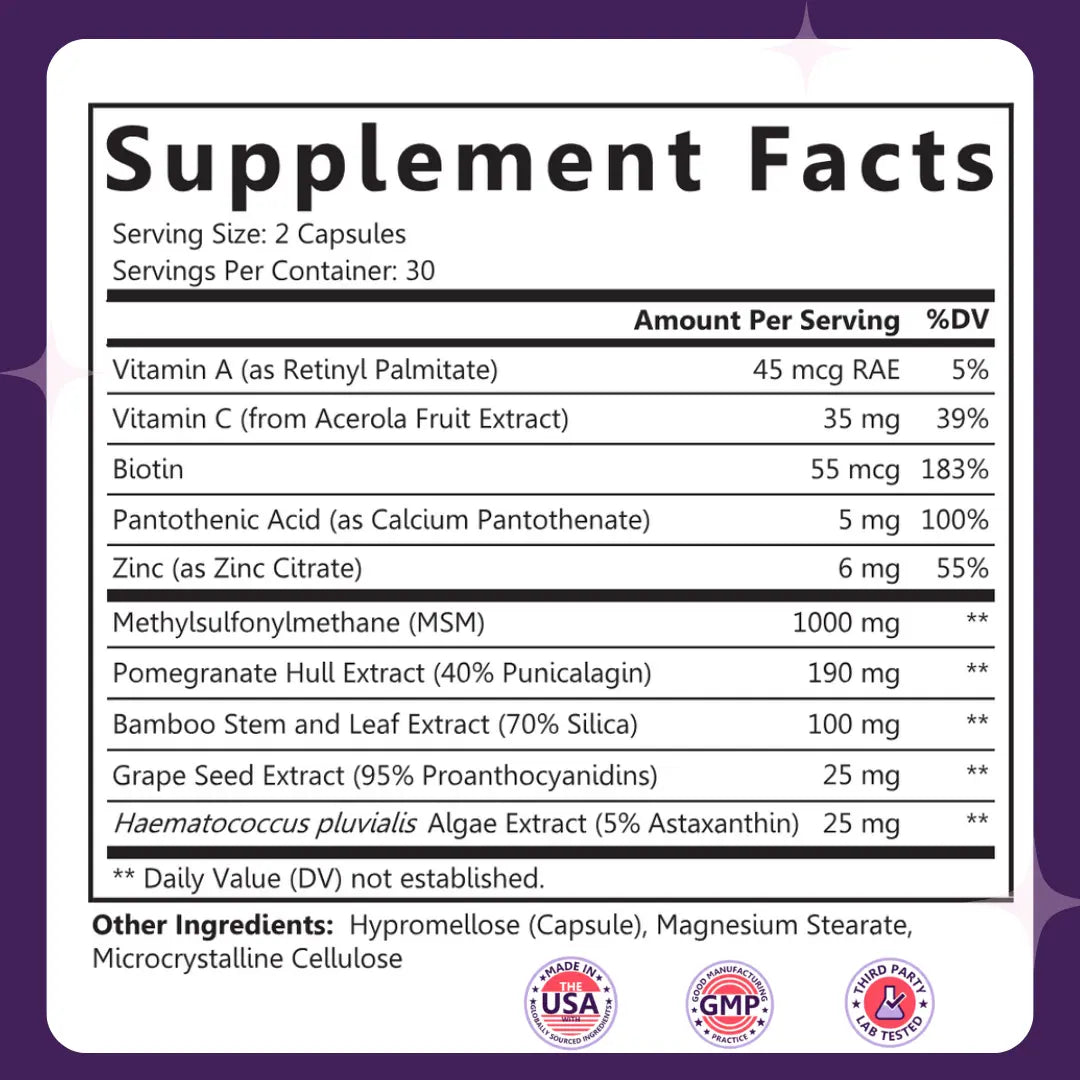 Supplement facts label of glow boost with various nutrients and their amounts on a purple background