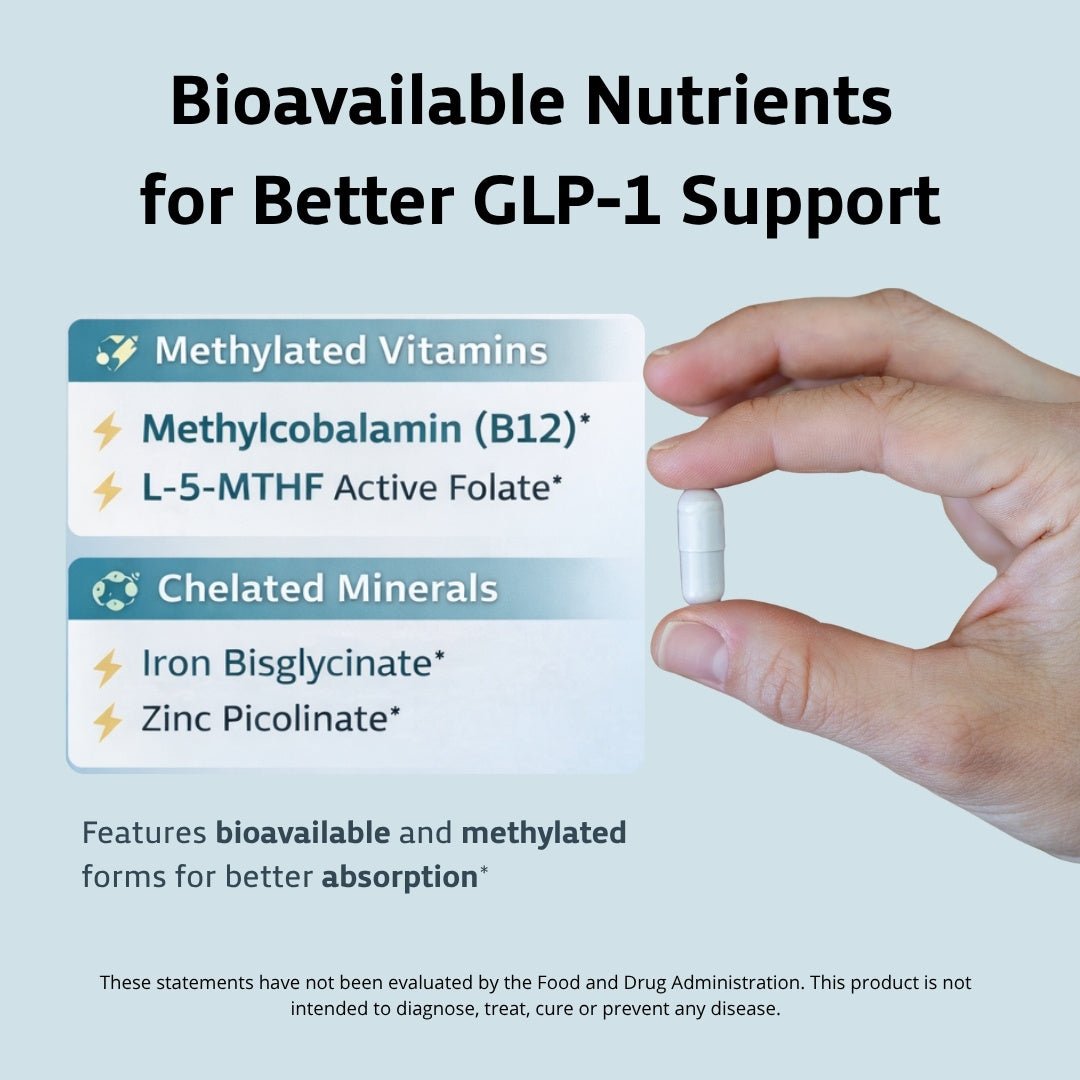 Hand holding a card with bioavailable nutrients for GLP-1 support on a light blue background